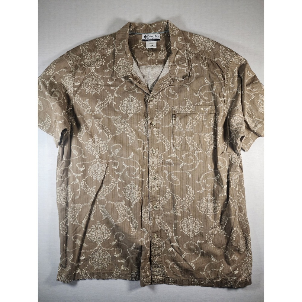 Columbia Mens XXL Brown Floral Damask Striped Short Sleeve Camp Cruise Beachcore